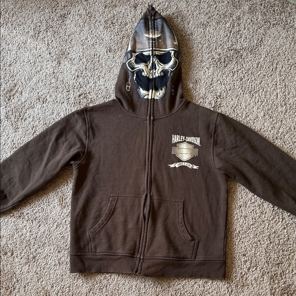 Harley Davidson Motorcycles Brown Kids Zip Up Mask Hoodie Skull Sweatshirt - Picture 1 of 6
